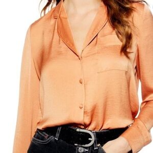 Topshop Satin PJ Button-Down Blouse in Peach Orange Color | 10